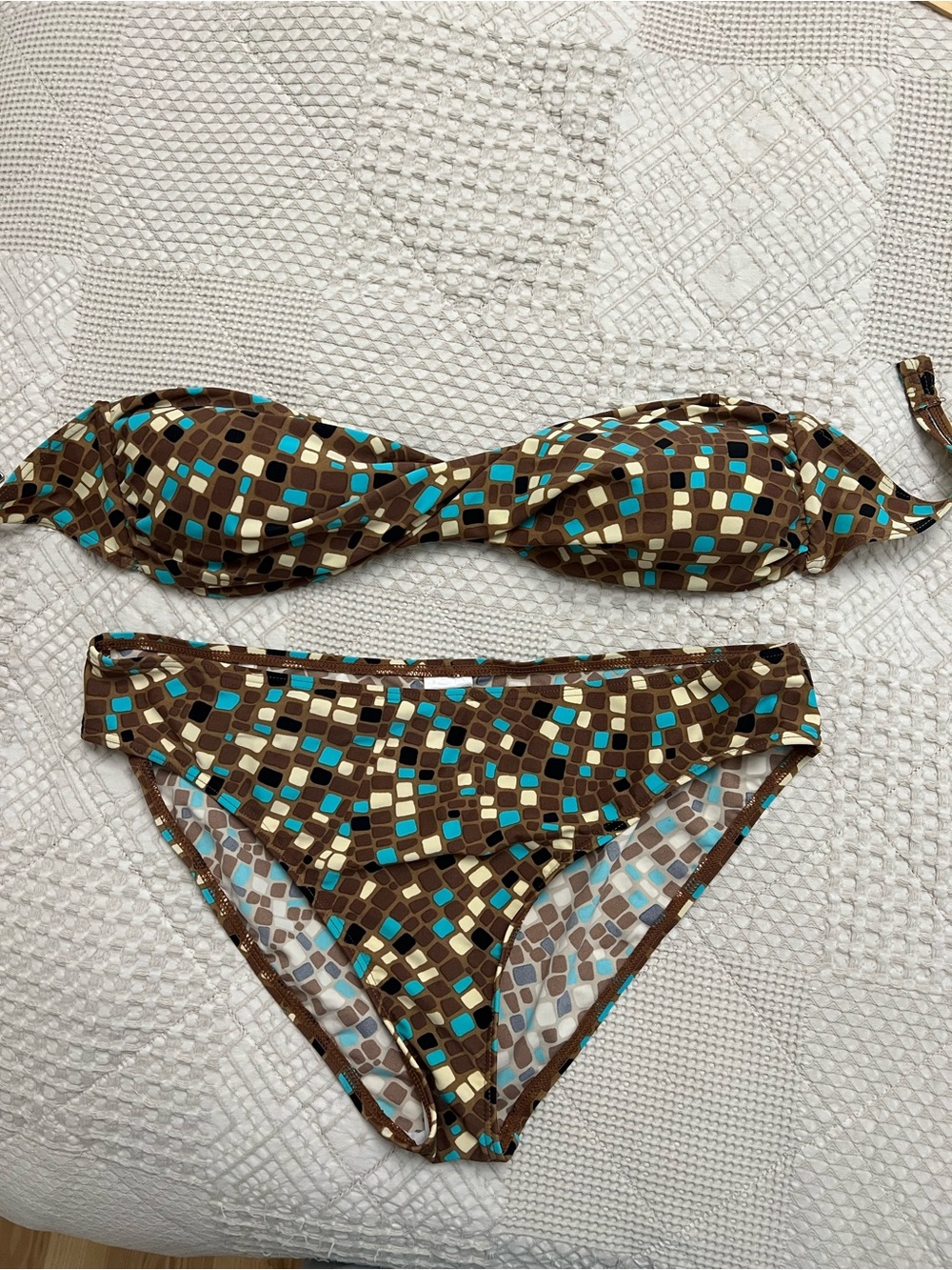 Anthropologie Brown Turquoise Geo Print Bandeau Bikini size 14